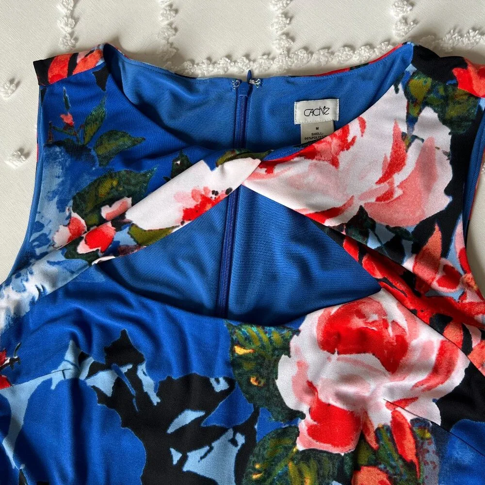 CACHE Midi Floral Print Diamond opening neck line Sheath Stretch Dress SIZE M - Picture 8 of 16